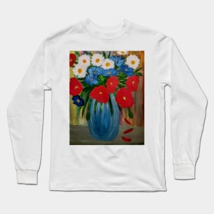 Some poppies and carnations flowers in a metallic blue vase Long Sleeve T-Shirt